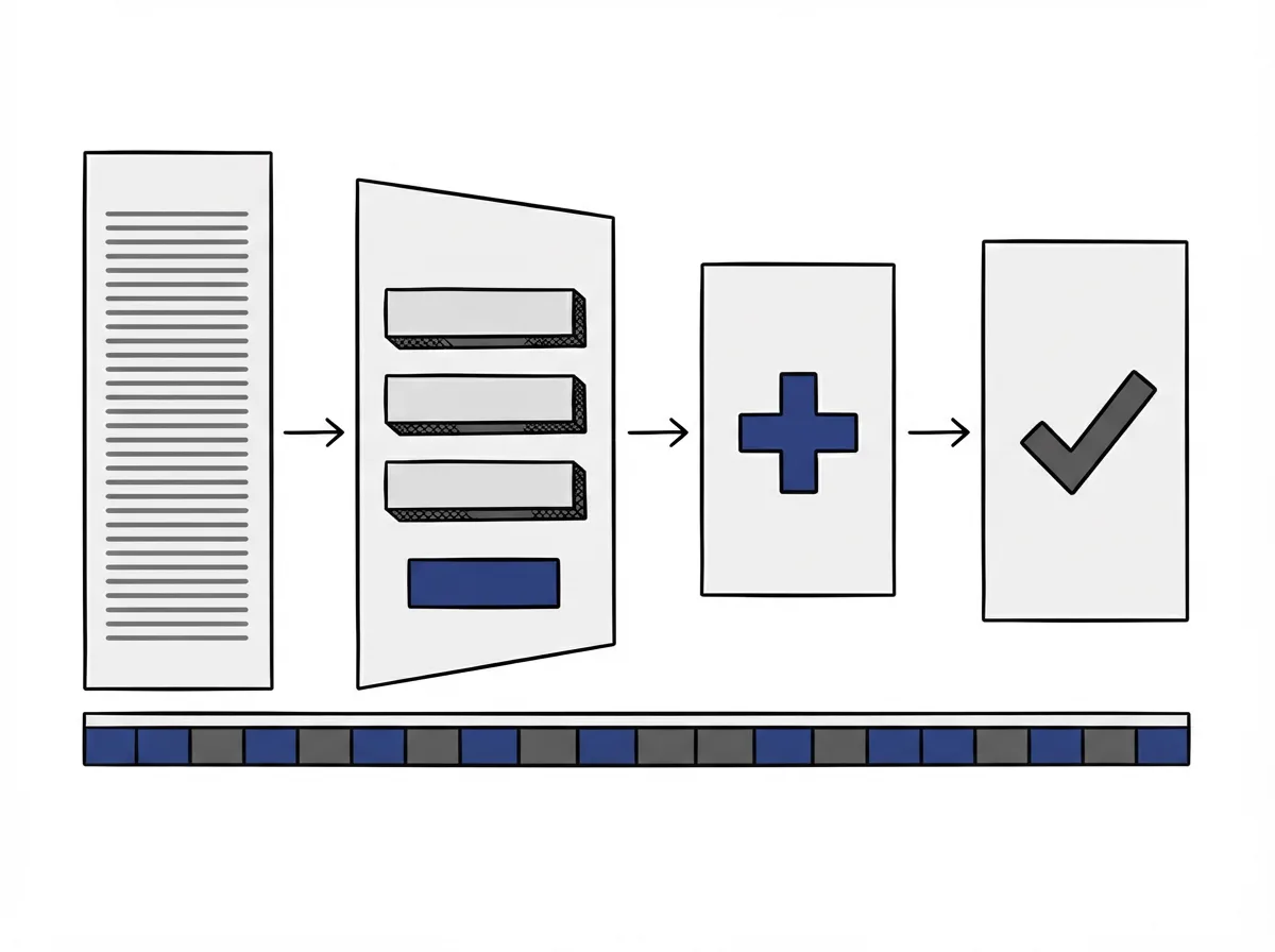 Illustration of a sales funnel as four standing pages, from presell article to order form, upsell and confirmation, above a ledger strip